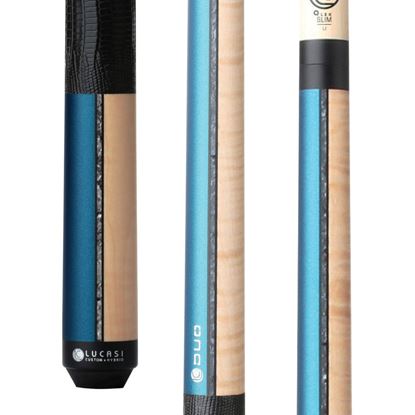 Picture of Lucasi Custom Duo Prussian Blue/Natural Super Birdseye Cue with Embossed Leather Wrap - Uni-Loc / 11.75mm