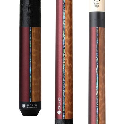 Picture of Lucasi Custom Duo Garnet Red/Exotic Apitong Cue with Embossed Leather Wrap - Uni-Loc / 11.75